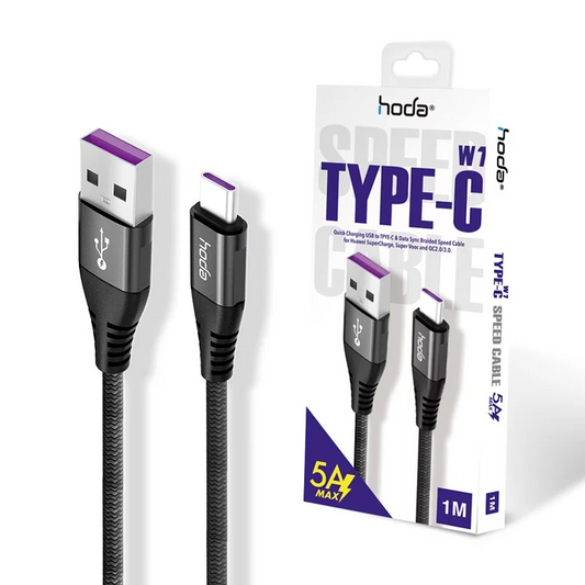 HODA W1 1M 5A Quick Charging USB to TPYE-C & Data Sync Braided Speed Cable